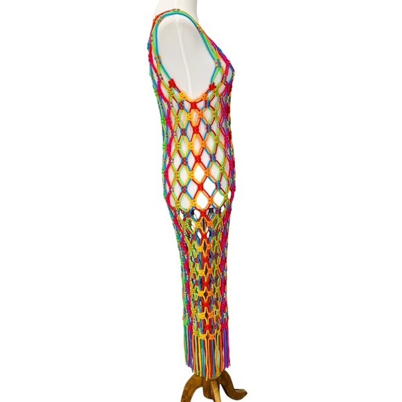 Pitusa Macrame Tassel Dress Rainbow One Size Stretchy Cover Up Beach Vacation - Picture 2 of 11